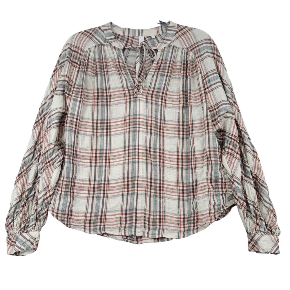 AND/OR Womens Plaid Cotton Gauze Boho Blouse Split Neck‎ Tie Cream Rust Size 12